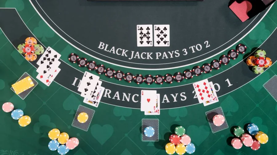Blackjack basic strategy decision chart showing optimal hit, stand, double down, and split plays