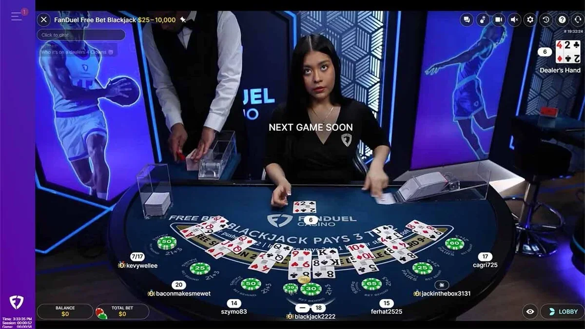 Seven-seat live blackjack table showing shoe dealt cards and standard 3:2 blackjack payout layout