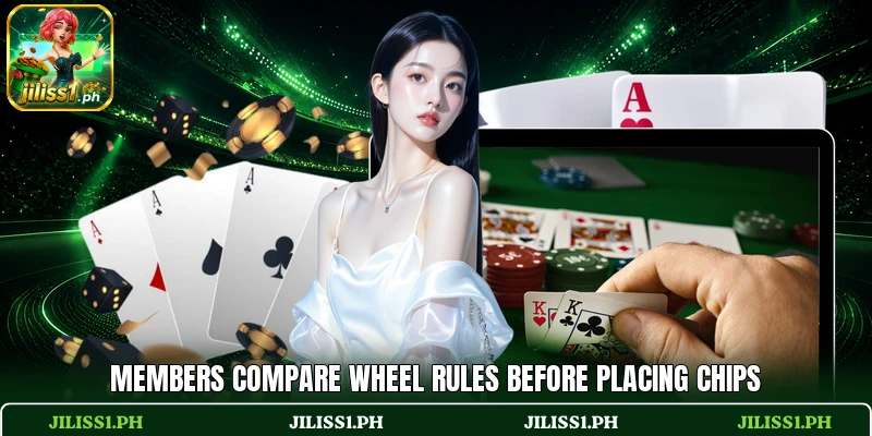 Members compare wheel rules before placing chips Members compare wheel rules before placing chips