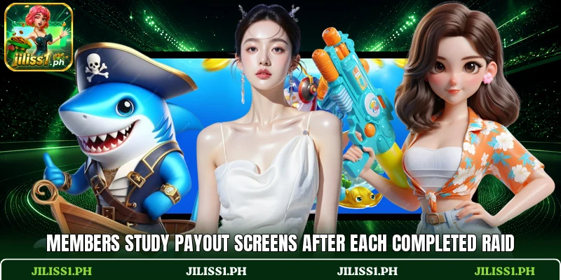 Members study payout screens after each completed raid