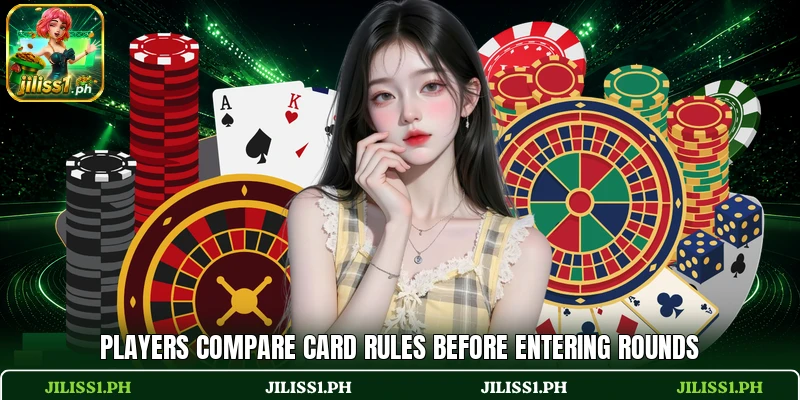 Players compare card rules before entering rounds